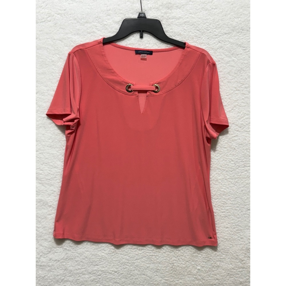 Tommy Hilfiger Coral Pink V Neck Keyhole Grommet Detail Short Sleeve‎ Top XL